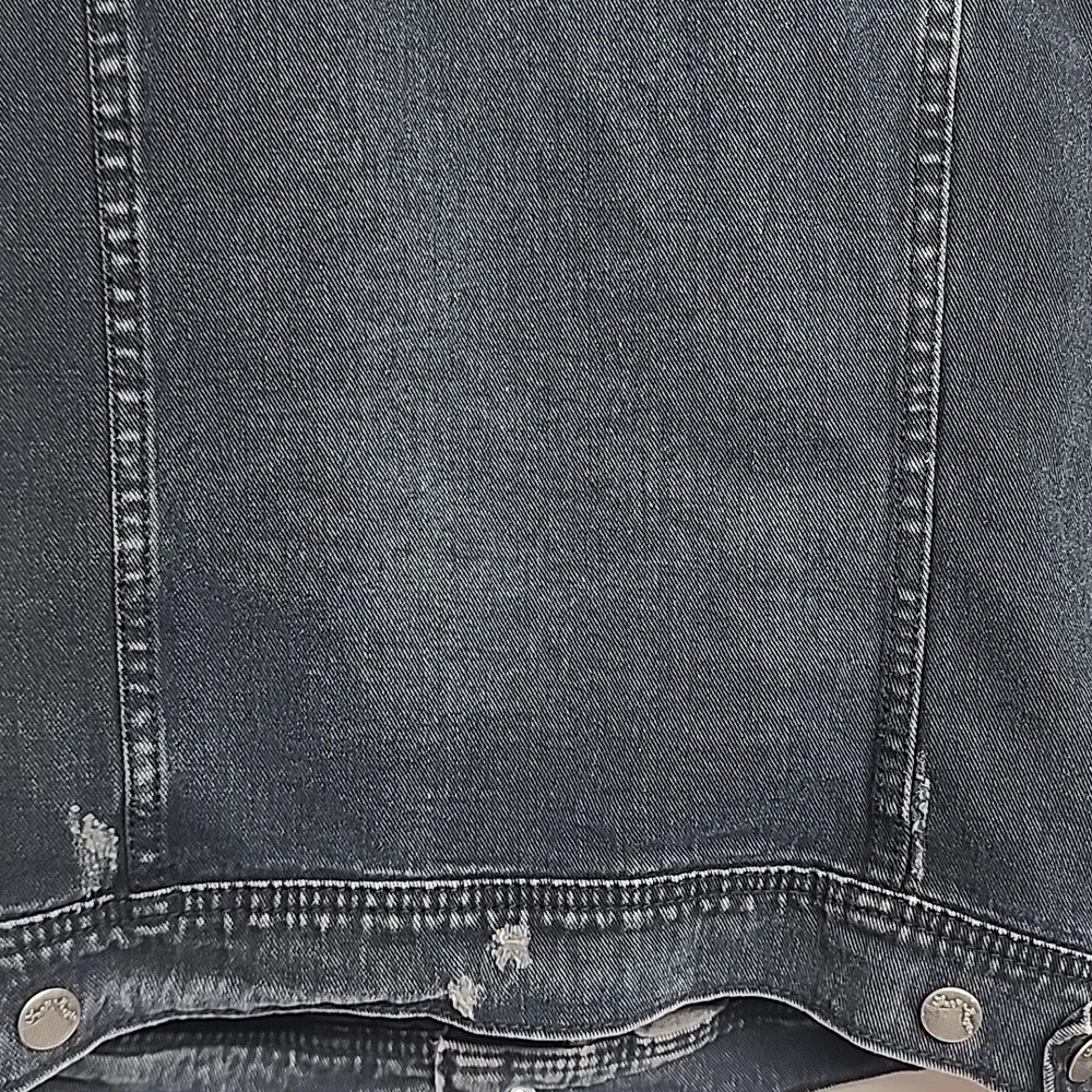 Free People Vintage Distressed Indigo Denim Gray Sleeves Hooded Jacket Sz L - Picture 7 of 10